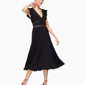 Kate Spade Black Pleated Midi Dress w/ Gold Studs and Ruffle Cap Sleeves Size 10